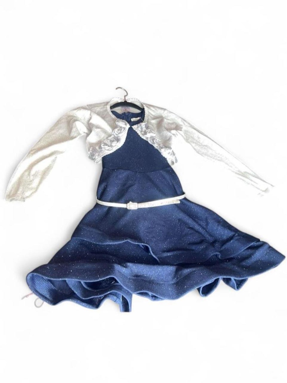 Knitworks Navy Sparkle Party Dress with White Bolero and Belt